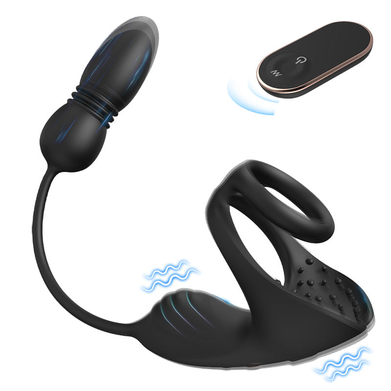 9 Thrusting & Vibrating Prostate Massager with Dual Cocking Rings Testicular Stimulator