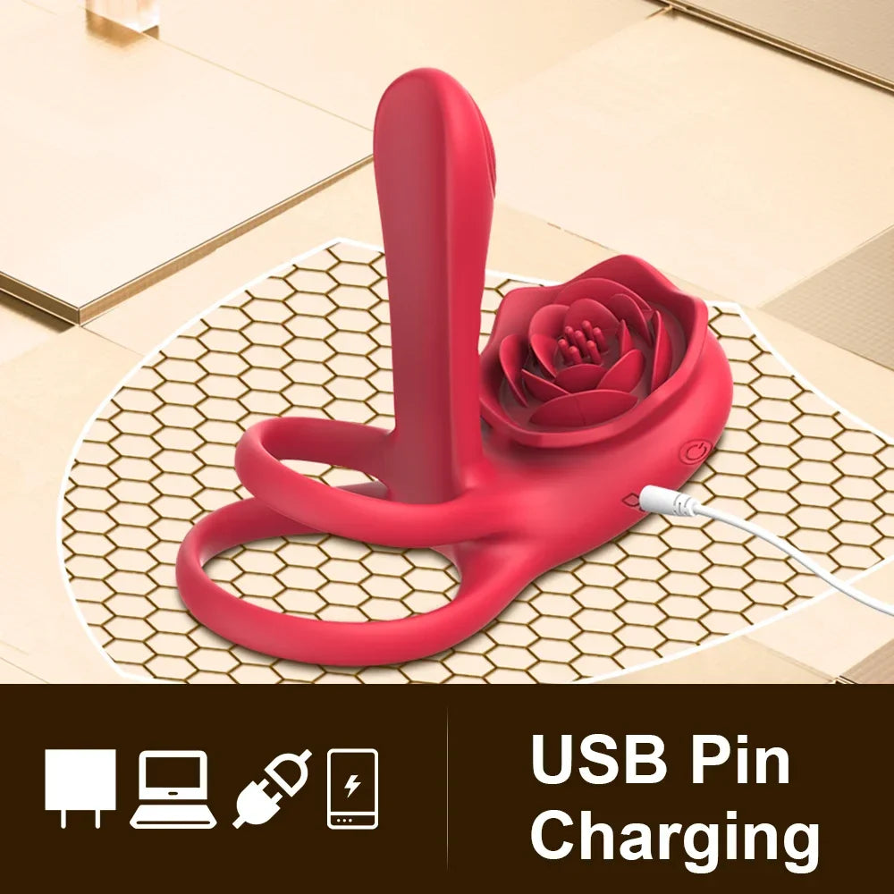 Rose Play 2-in-1 Vibrating Cock Ring Couples Vibrator Sweetstoy
