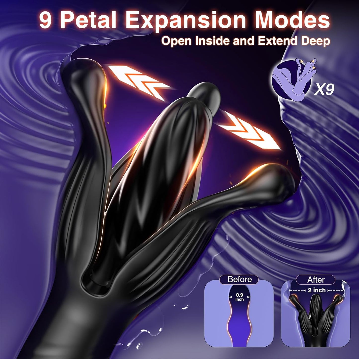 BEISAR P9 petal expansion graphic showing 9 positions from 0.9 inches closed to 2 inches open