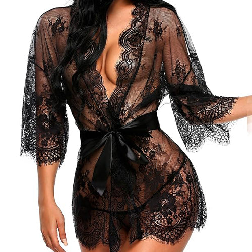 Women's Lace Kimono Robe Babydoll Lingerie Mesh Nightgown S-5XL