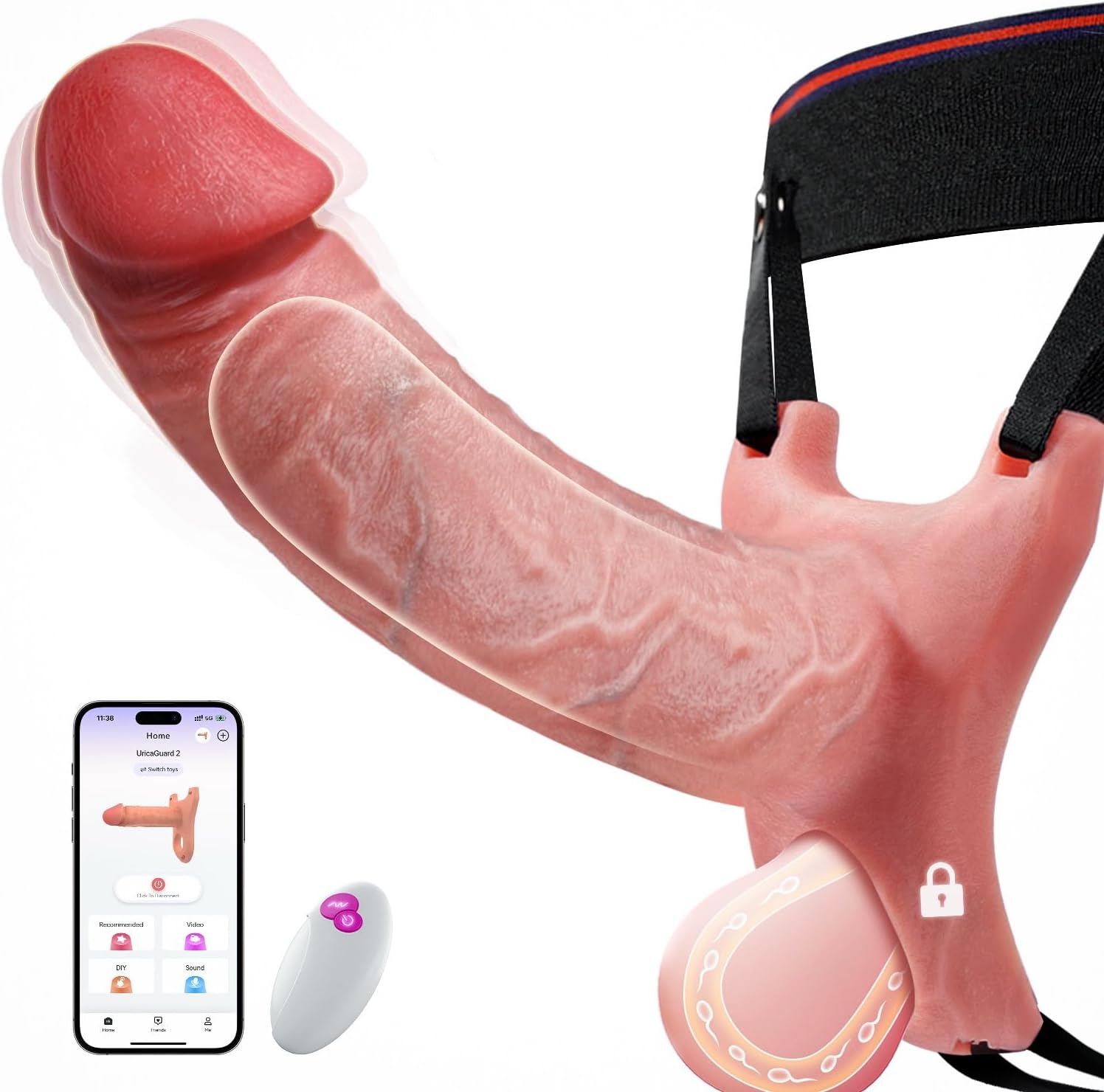 URICAGARD 2 App & Remote Controlled Vibrating Penis Sleeve – Realistic Silicone Extender for Couples’ Pleasure