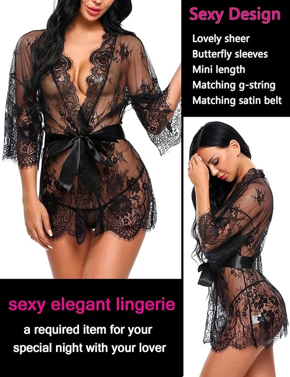 Women's Lace Kimono Robe Babydoll Lingerie Mesh Nightgown S-5XL