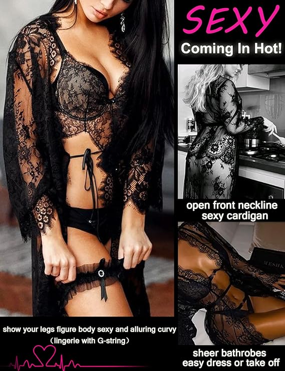 Women's Lace Kimono Robe Babydoll Lingerie Mesh Nightgown S-5XL