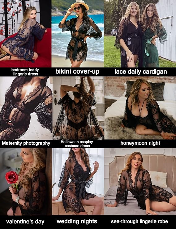 Women's Lace Kimono Robe Babydoll Lingerie Mesh Nightgown S-5XL