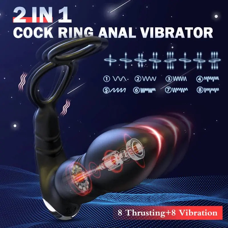 8 Thrusting 8 Vibration double Cock Ring Anal Vibrator——2 in1 Sweetstoy