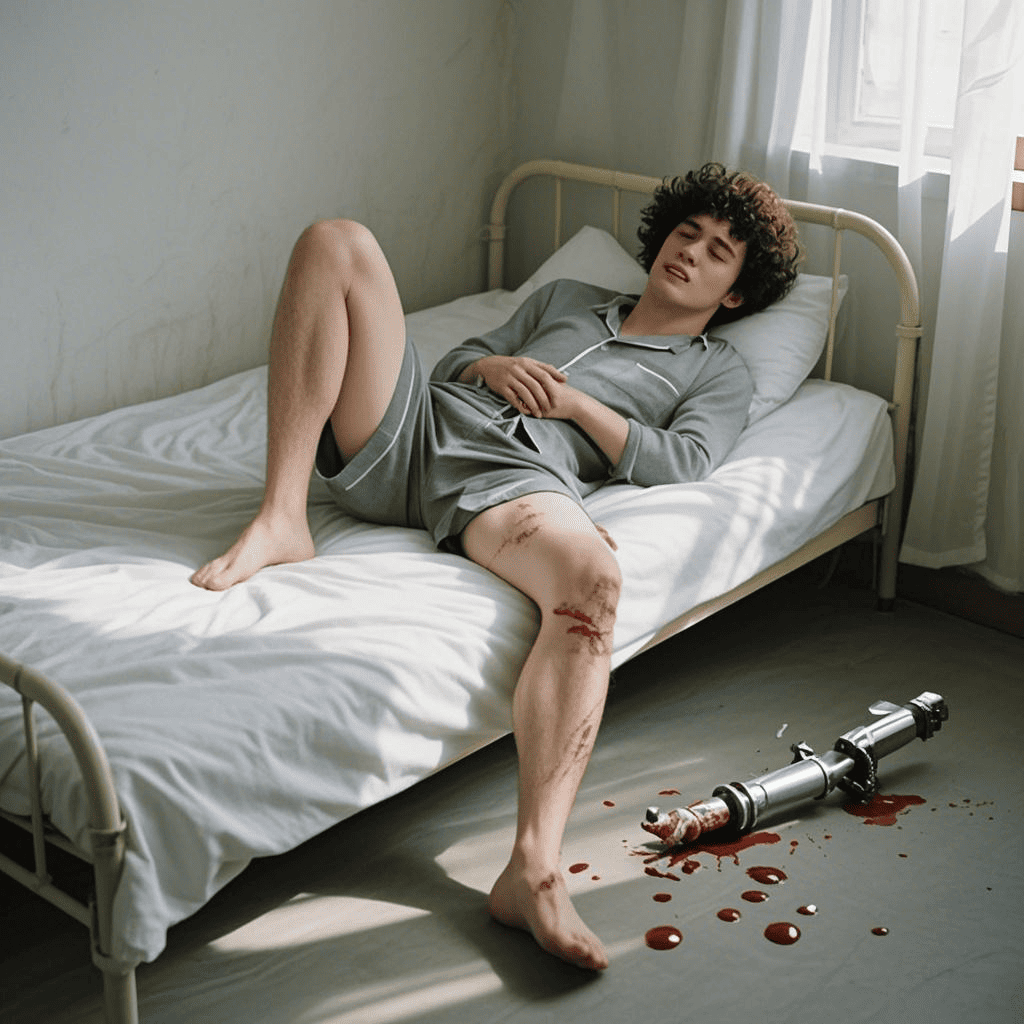 Man reclining on a bed with one hand near his waist