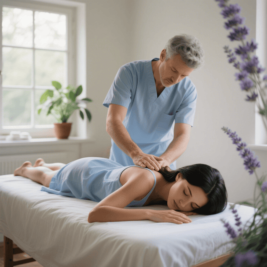 Massage therapist giving a back massage in a bright room