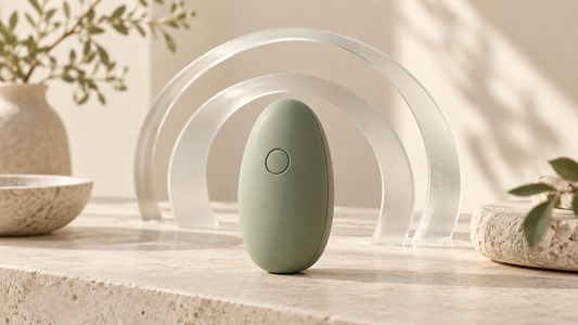 Illustrative oval device with abstract glass acoustic arcs; not a measured noise claim