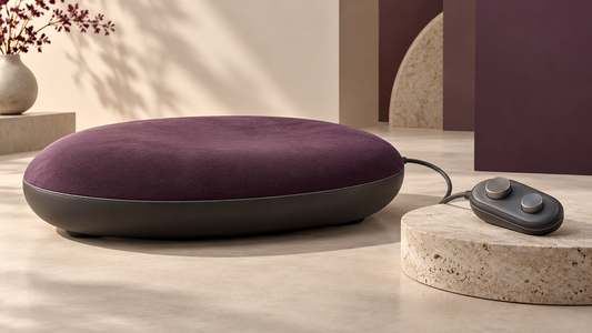Conceptual seated wellness-device form with separate controller; not a Sybian product photograph