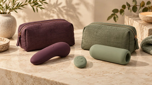 Two separate storage pouches with generic handheld wellness-device concepts and a detached remote, illustrating individual choice and shared planning