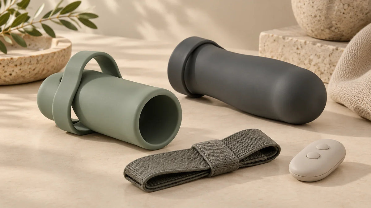 Generic unbranded wearable sleeve concepts beside a separate remote and fabric support straps; not a product photograph