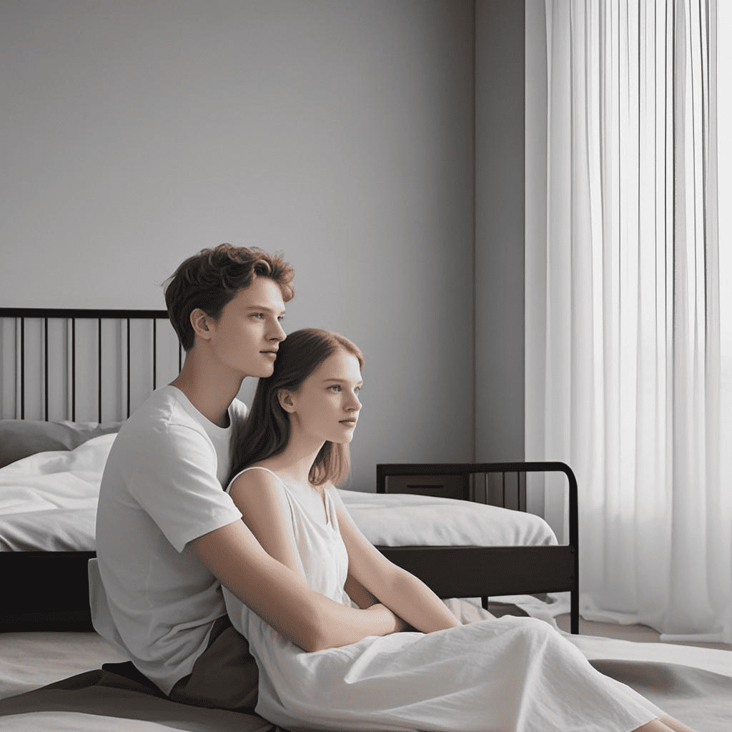 Couple seated together beside a bed near a window