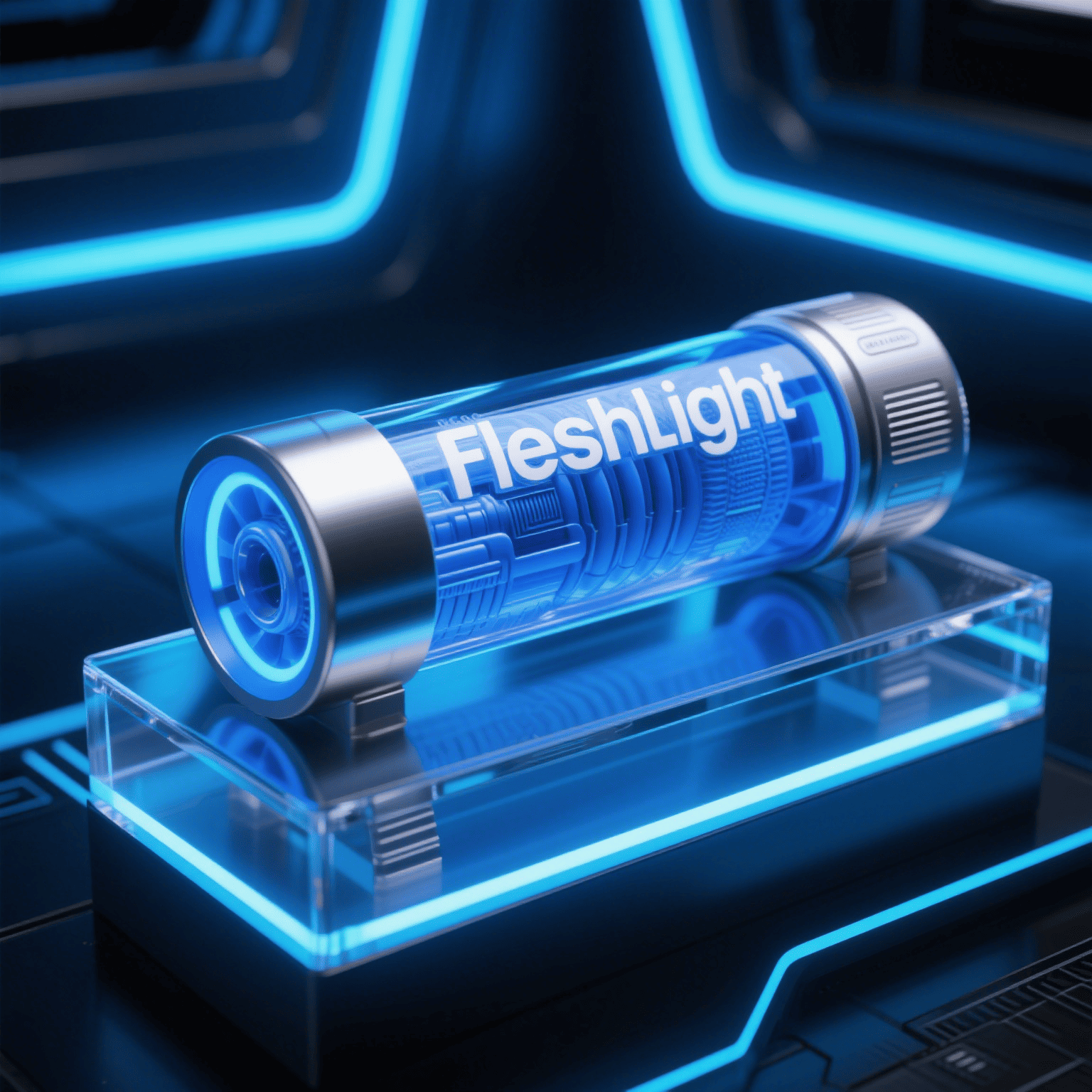 Illuminated cylindrical Fleshlight device on a blue display