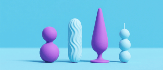 Colorful abstract sex toy shapes on a blue background
