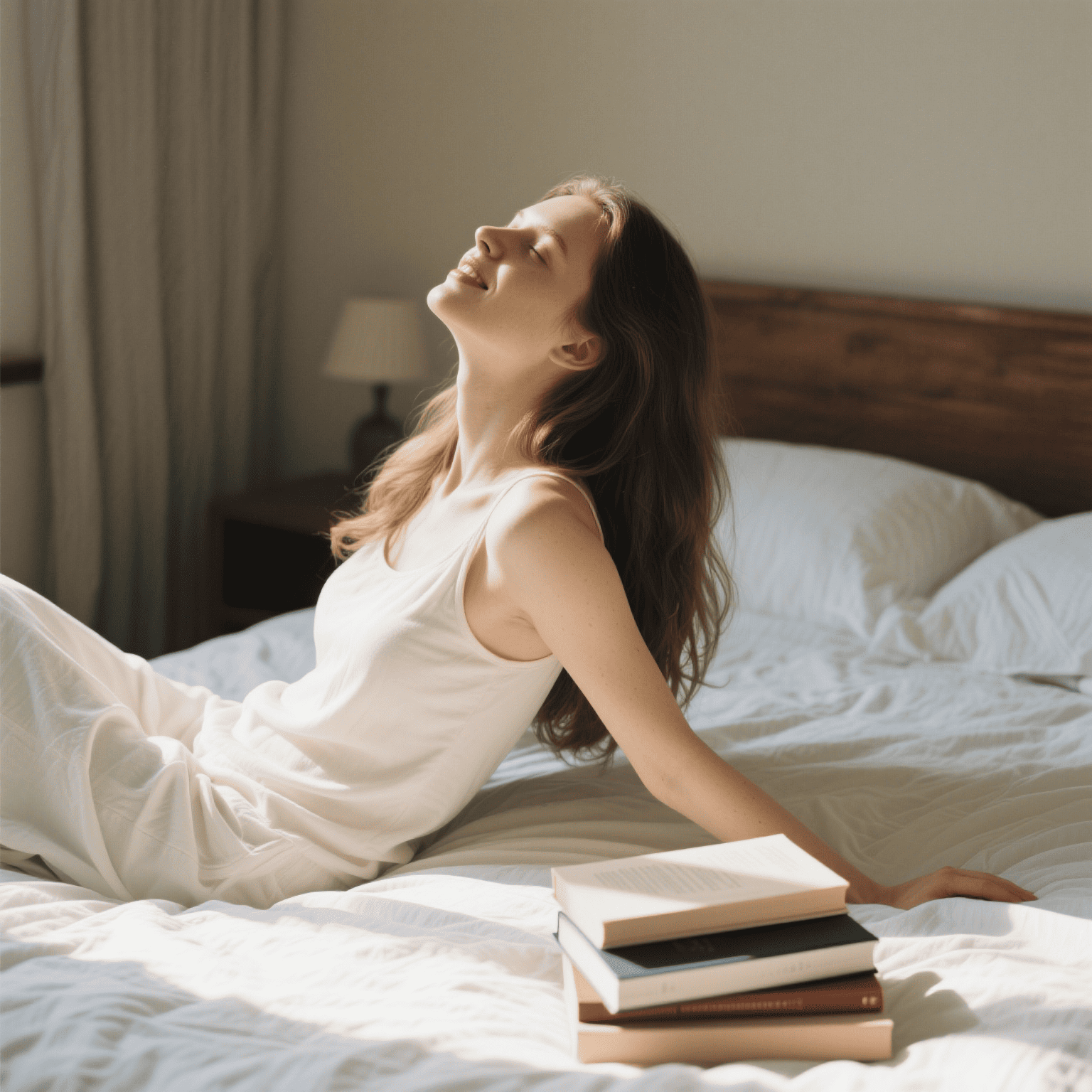 Woman reclining on a bed in soft natural light