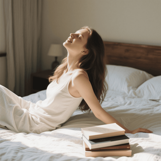 Woman reclining on a bed in soft natural light