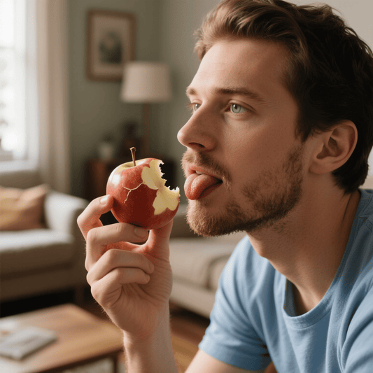 Man licking a red apple in a softly lit room