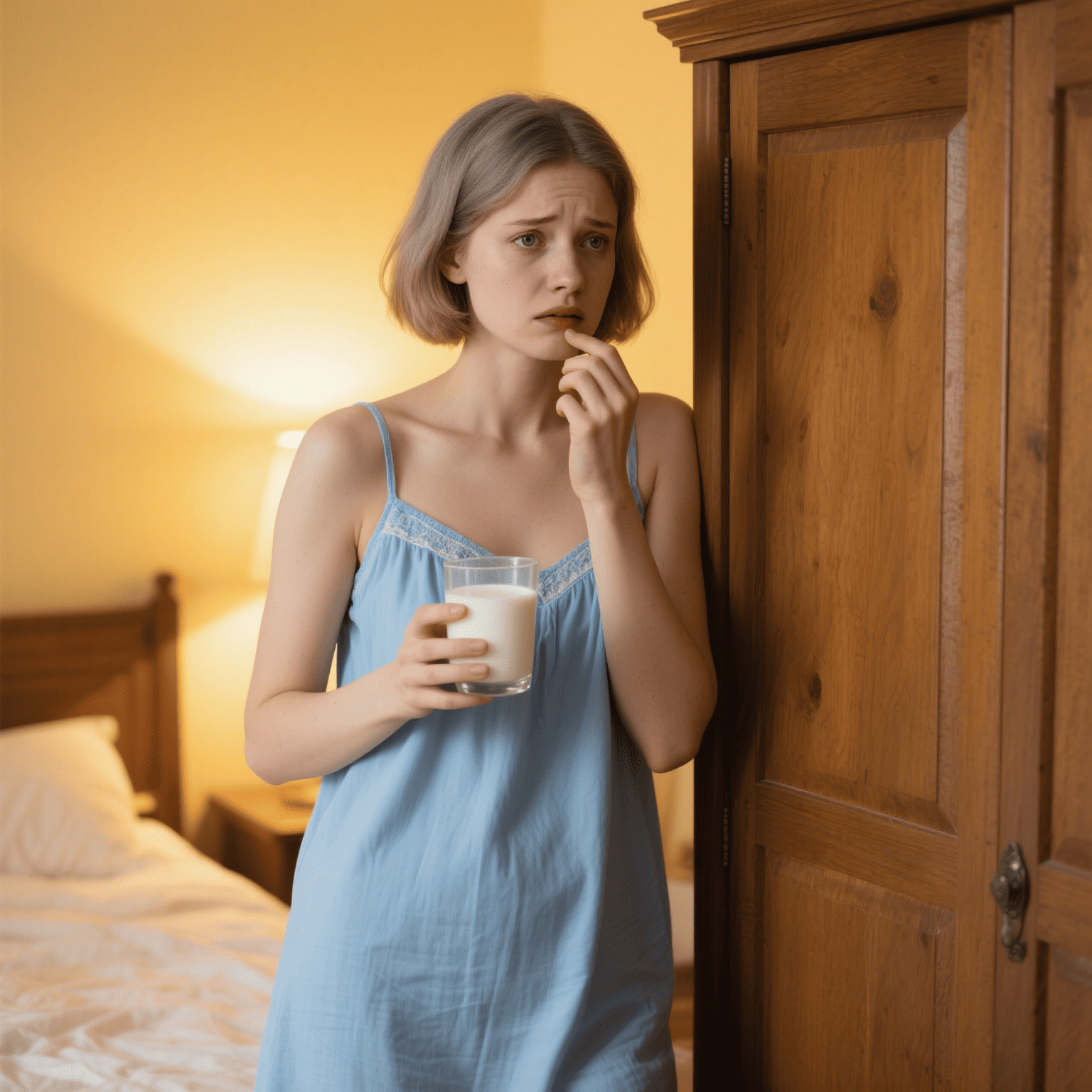 Worried woman holding a glass beside a bedroom doorway