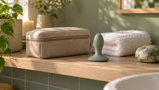 Closed storage pouch, towel and generic broad-base wellness device illustrating preparation