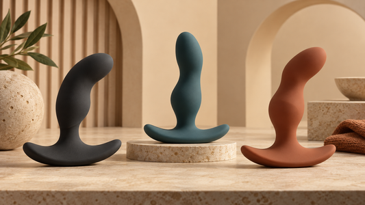Three generic prostate wellness device shapes with clearly flared retrieval-safe bases