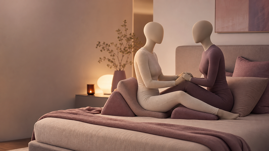 Two adults using supportive cushions for a comfortable face-to-face intimacy setup