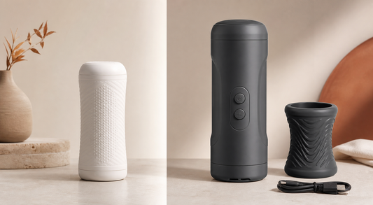 Manual and automatic male strokers shown side by side for comparison