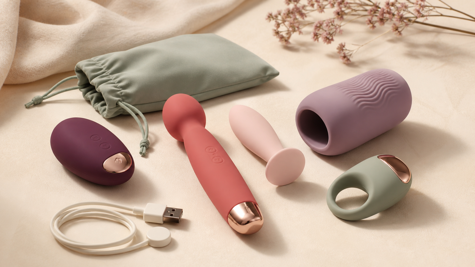 Beginner sex toy formats with charging cable and discreet storage pouch