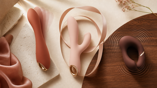 Three abstract adult wellness devices illustrating thrusting, rotating and vibrating motion styles