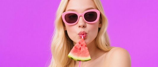 Woman in pink sunglasses eating a slice of watermelon