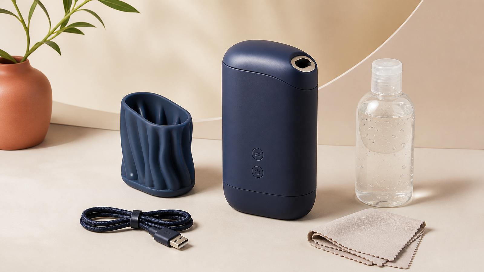 Compact powered personal stroker-style appliance with removable liner and cleaning accessories