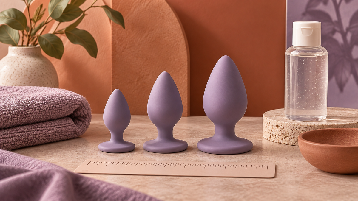 Three graduated abstract training plugs with wide bases, ruler and water-based lubricant