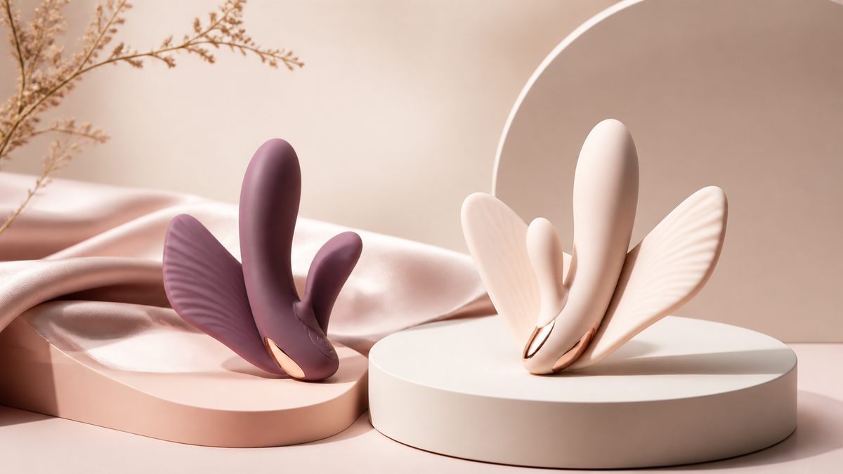Butterfly vibrator types arranged in a premium adult wellness still life
