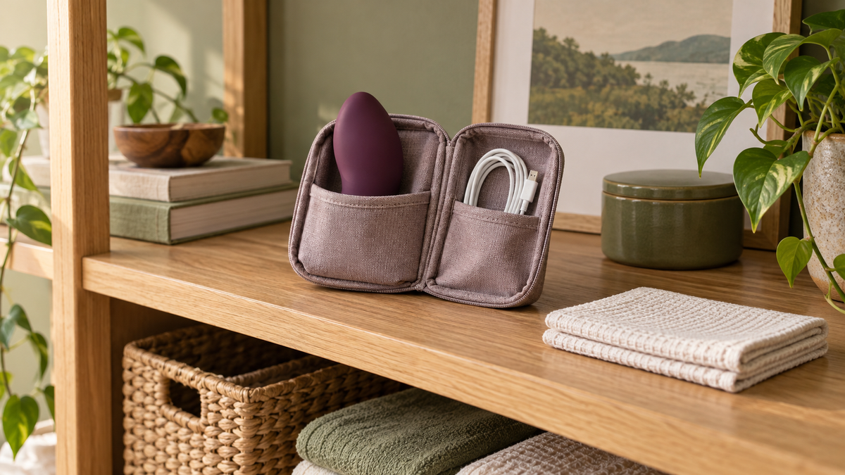 Illustrative dry wellness-device storage with a disconnected charging cable