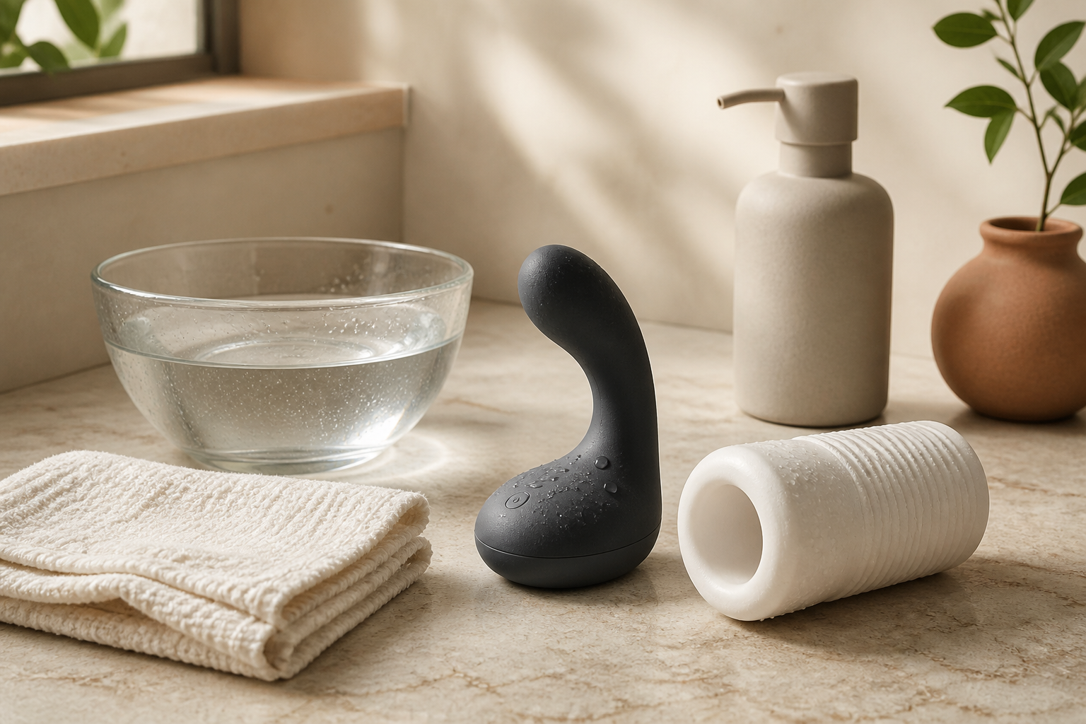 Clean personal wellness devices, cloth and water prepared for first-use care