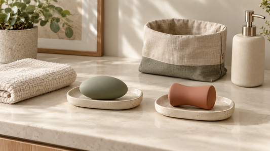 Generic wellness devices on separate dry trays with a towel and storage pouch
