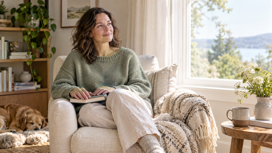An adult taking a quiet break in a comfortable sunlit room