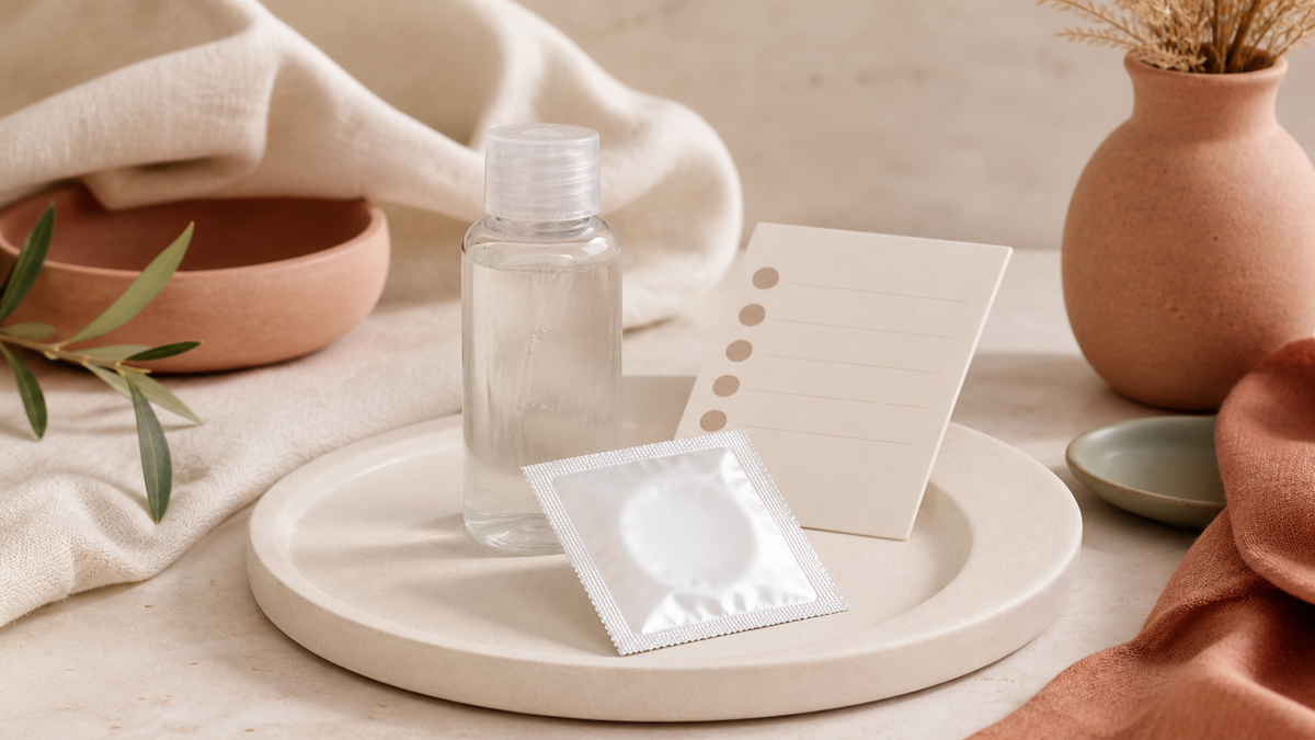 Condom lubricant and cleanup items arranged on a warm neutral surface