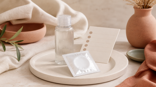 Condom lubricant and cleanup items arranged on a warm neutral surface