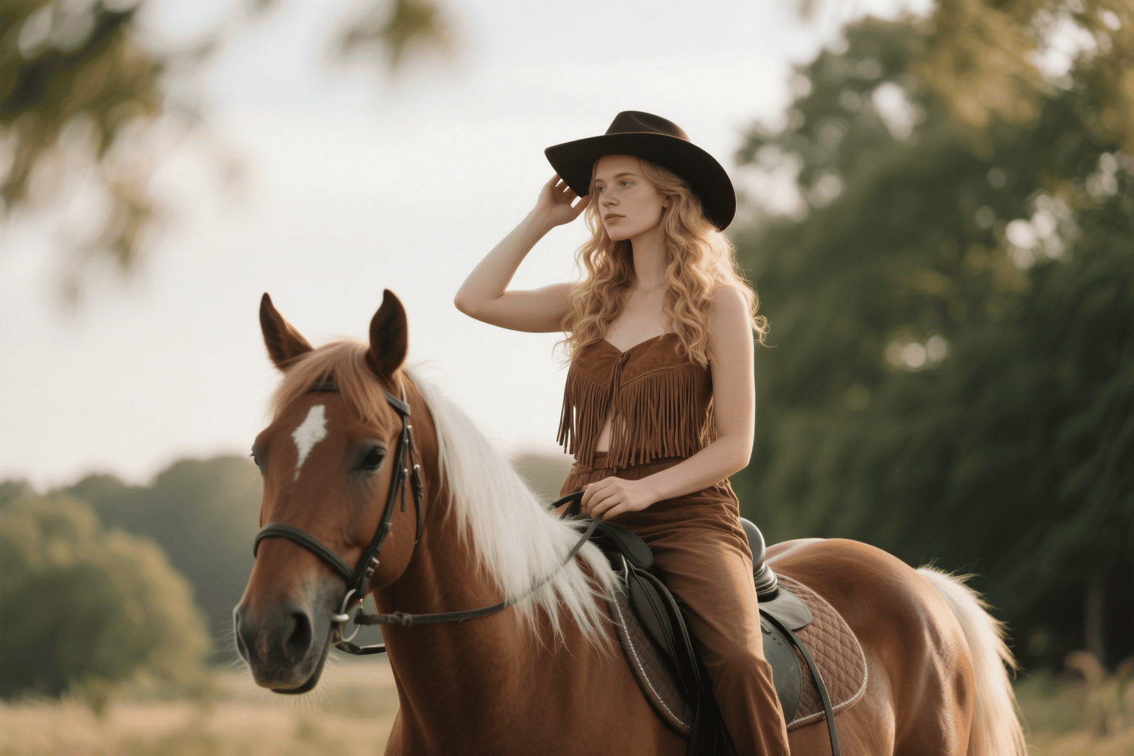 Woman riding a horse outdoors in a brown hat