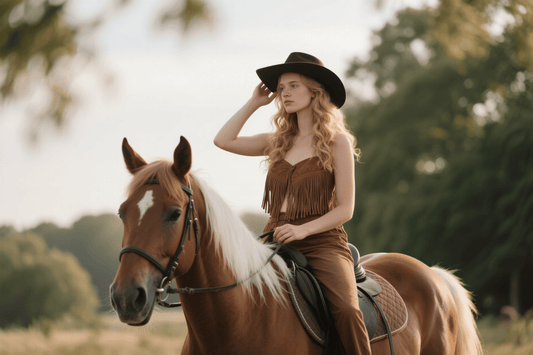Woman riding a horse outdoors in a brown hat