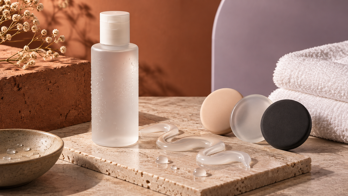 Unlabelled personal lubricant bottle with pearly gel, material samples and water droplets
