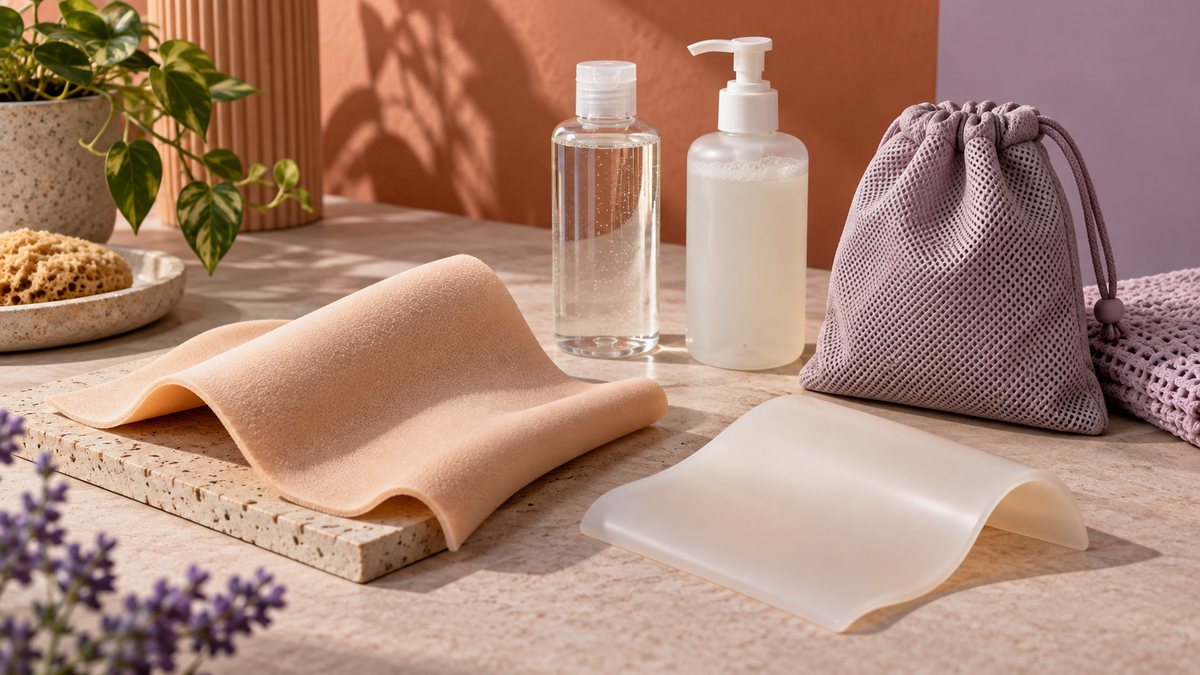 Soft-touch material samples, water-based lubricant and storage pouch