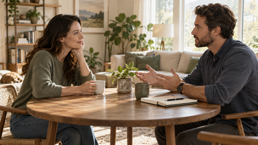 Two adults having a calm conversation about personal boundaries