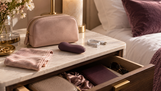 Compact wellness device with a travel pouch charger and private storage