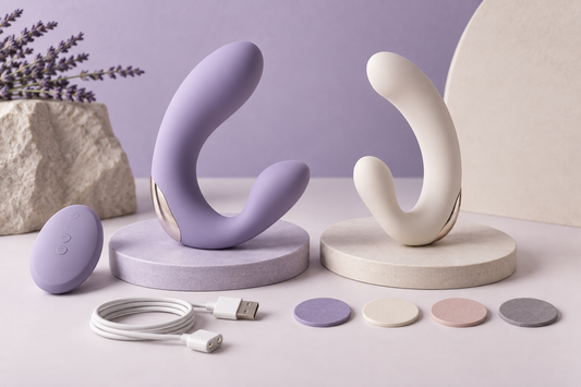Abstract curved double-sided vibrator forms with remote and material samples