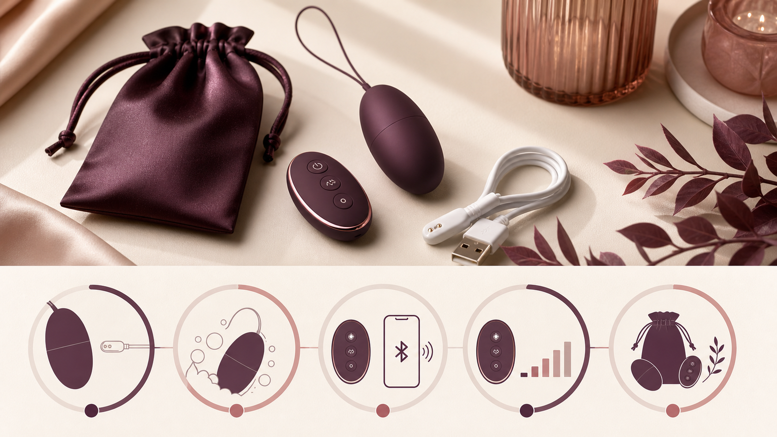 Egg vibrator charging, cleaning, pairing, low-mode and storage steps