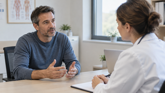 An adult discussing a health concern in a calm consultation setting