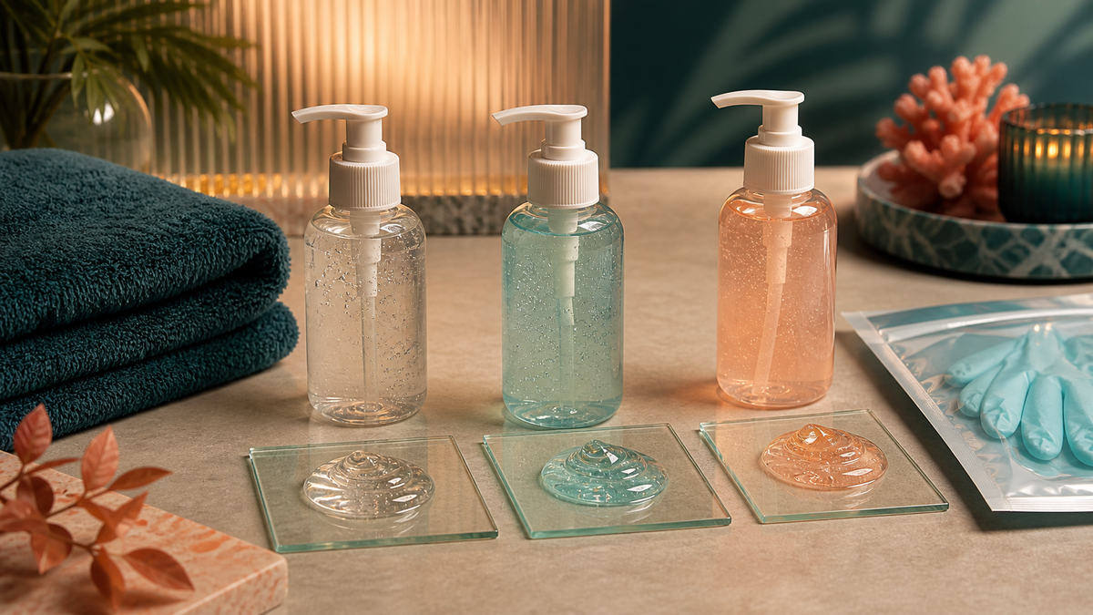 Three unlabeled lubricant bottles with gel samples, towels and gloves