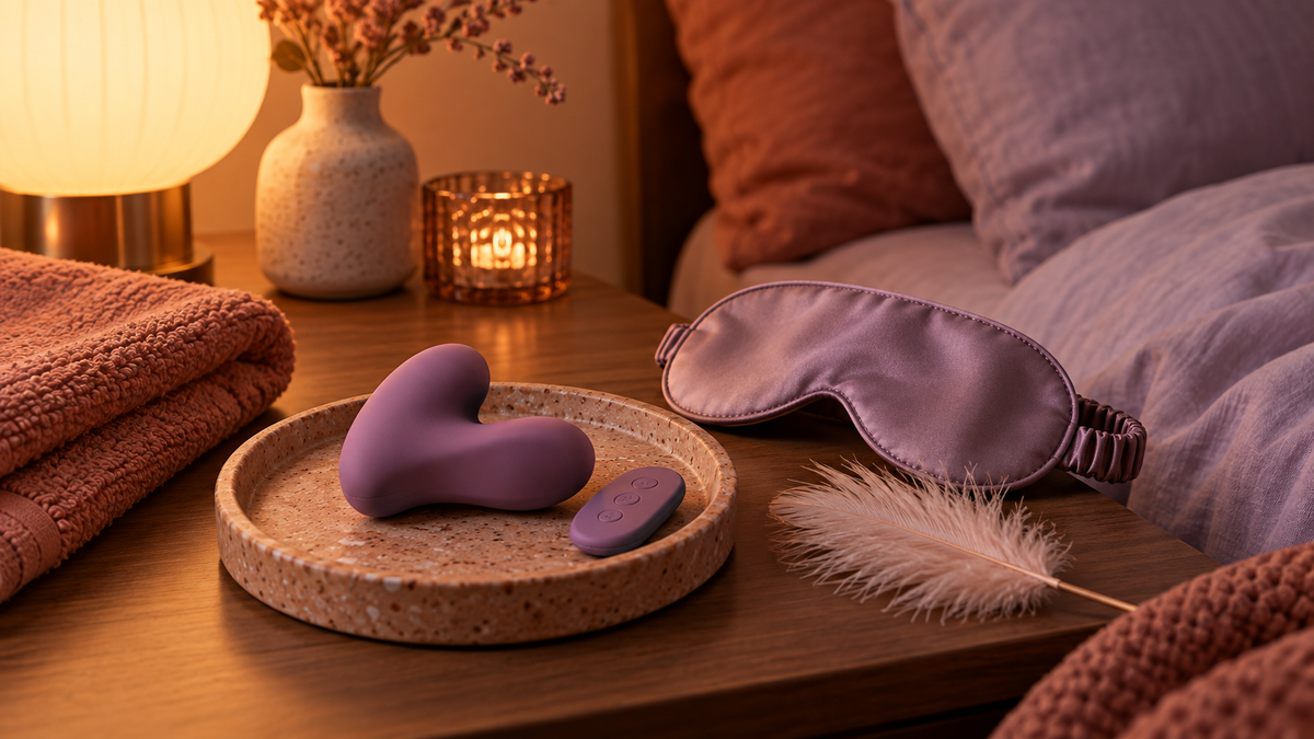 Couples wellness bedside flat lay with compact vibrator, remote, blindfold and feather