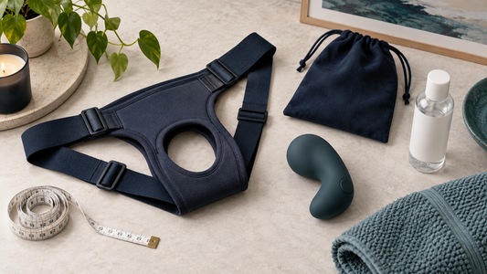 Function-first flat lay with adjustable harness, external massager and care supplies